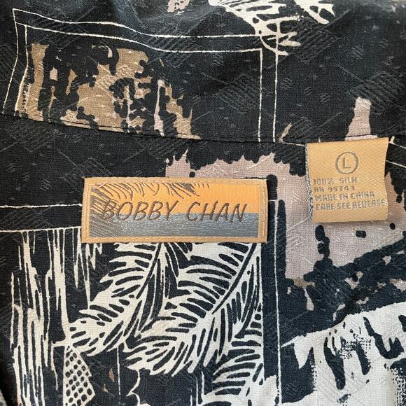 Bobby Chan Silk Hawaiian Shirt Men’s L Black Tan Palm Tree Aloha Friday - Picture 7 of 11